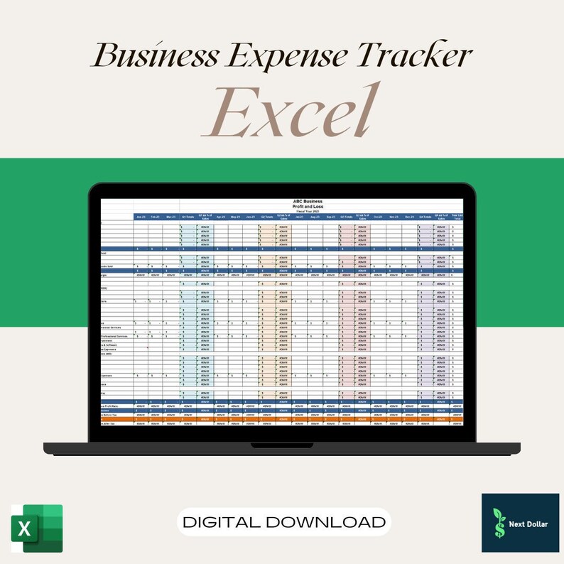 May include: A laptop computer displaying a spreadsheet titled "ABC Business Profit and Loss" with columns for each month of the year. The spreadsheet is a business expense tracker in Excel format. The laptop is on a green surface with the text "Business Expense Tracker Excel" and "Digital Download" below the laptop.
