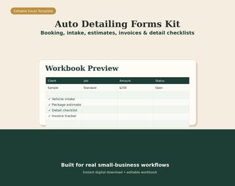 Auto Detailing Invoice & Estimate Excel Template | Client Intake Job Checklist Tracker | Solo Service Business Forms Starter Kit
