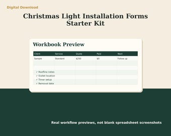 Christmas Light Installation forms starter kit | Invoice estimate client intake checklist Excel template