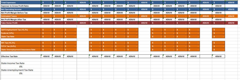 May include: A spreadsheet with a blue and orange color scheme. The spreadsheet is titled "Total Expenses" and includes columns for "Expense to Gross Profit Ratio", "Net Operating Income", "Net Profit Margin Before Tax", "Estimated Taxes", "Net Profit After Tax", "Take Home Profit", "Self Employment Tax (15.3%)", "Federal (11.2%)", "State Tax Rate", "OH Tax (6.2%)", "FUTA Tax (0.6%)", "State Unemployment Insurance Rate", "Effective Tax Rate", "State Income Tax Rate", and "State Unemployment Tax Rate".