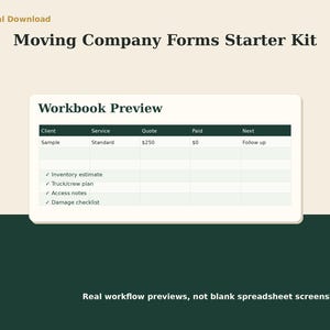 Op de afbeelding: Een digitale download getiteld Moving Company Forms Starter Kit met een voorbeeld van een werkmap met kolommen voor klant, service, offerte, betaald en volgende stappen. Het document bevat checklists voor inventarisschatting, vrachtwagenplan, toegangsnotities en schadeoverzicht.