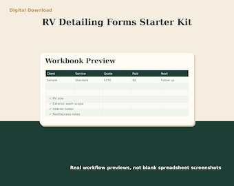 RV Detailing Invoice Estimate Forms | Excel Client Intake Checklist | Service Business Starter Kit