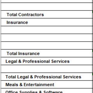 May include: A spreadsheet with a list of income and expenses for a business. The spreadsheet includes categories such as income, cost of goods sold, gross profit, expenses, mileage, contractors, insurance, legal and professional services, meals and entertainment, office supplies and software, other business expenses, payroll expenses, rent and lease, taxes and licenses, travel, hotels and lodging, utilities, total expenses, expense to gross profit ratio, net operating income, net profit margin before tax, estimated taxes, and net profit margin after tax.
