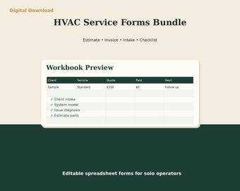 HVAC Service Invoice Estimate Forms | Excel Client Intake Checklist | Service Business Starter Kit