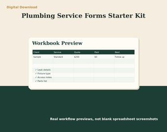 Plumbing Service Invoice Estimate Forms | Excel Client Intake Checklist | Service Business Starter Kit