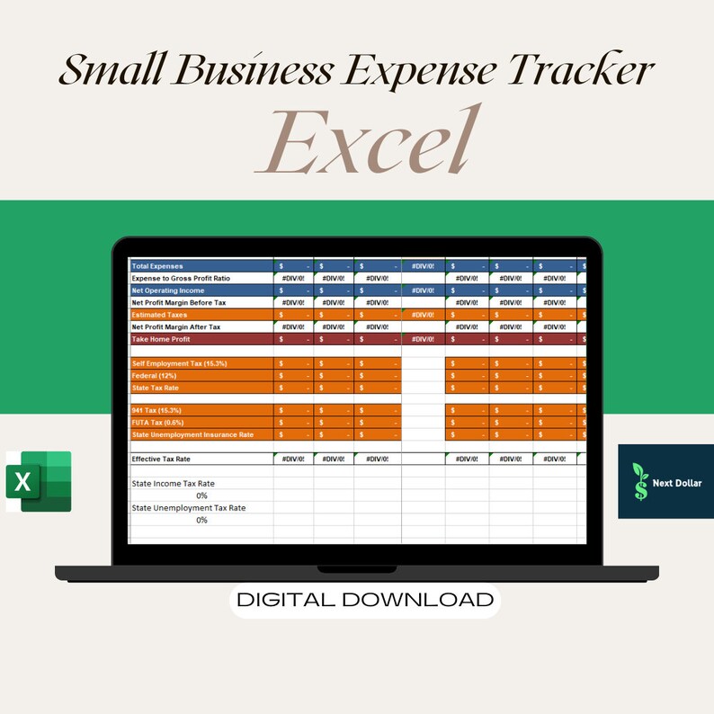 May include: A laptop screen displaying a spreadsheet with the title "Small Business Expense Tracker Excel". The spreadsheet is organized into columns with headings such as "Total Expenses", "Expense to Gross Profit Ratio", "Net Operating Income", "Net Profit Margin Before Tax", "Estimated Taxes", "Net Profit Margin After Tax", "Take Home Profit", "Self Employment Tax (15.3%)", "Federal (12%)", "State Tax Rate", "941 Tax (15.2%)", "FUTA Tax (0.6%)", "State Unemployment Insurance Rate", "Effective Tax Rate", "State Income Tax Rate", and "State Unemployment Tax Rate".
