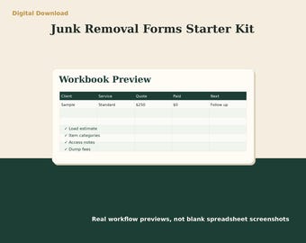 Junk Removal Invoice Estimate Forms | Excel Client Intake Checklist | Service Business Starter Kit