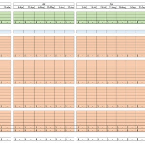 May include: A financial budget planner spreadsheet template organized by quarters Q1 through Q4. It features rows for income, fixed expenses, variable expenses, sinking funds, and debt expenses, with columns for specific pay dates and a total column.