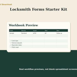 May include: A digital Locksmith Forms Starter Kit featuring a workbook preview with columns for client, service, quote, paid, and next steps. The form includes checkboxes for lock type, service request, key code notes, and parts used in a table format.