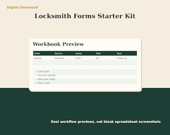 Locksmith Invoice Estimate Forms | Excel Client Intake Checklist | Service Business Starter Kit