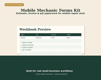 Mobile Mechanic Invoice Estimate Forms | Excel Client Intake Checklist | Service Business Starter Kit
