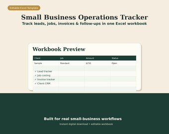 Small Business Operations Tracker Excel Template | Lead tracker invoice tracker job costing CRM