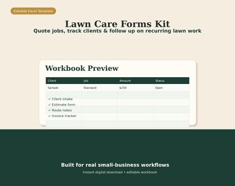 Lawn Care Invoice & Estimate Excel Template | Client Intake Job Checklist Tracker | Solo Service Business Forms Starter Kit