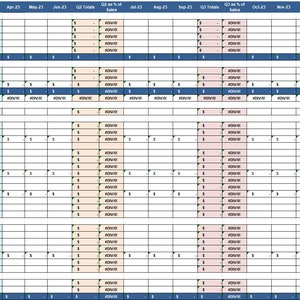 May include: A spreadsheet with a table of numbers and text. The table is divided into columns and rows. The columns are labeled with months and quarters. The rows are labeled with different categories. The table shows sales data for each month and quarter.