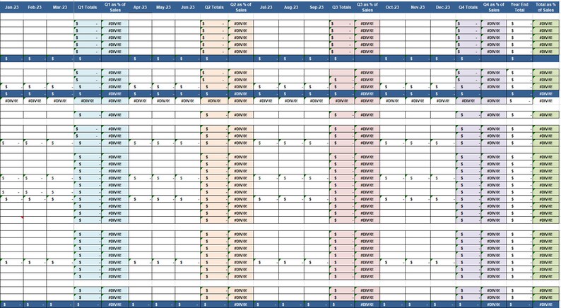 May include: A spreadsheet with a table of numbers and text. The table is divided into columns and rows. The columns are labeled with months and quarters. The rows are labeled with different categories. The table shows sales data for each month and quarter.