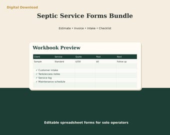 Septic Service Invoice Estimate Forms | Excel Client Intake Checklist | Service Business Starter Kit