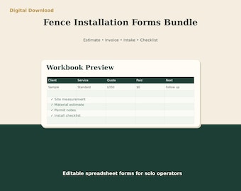 Fence Installation Invoice Estimate Forms | Excel Client Intake Checklist | Service Business Starter Kit