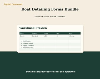 Boat Detailing Invoice Estimate Forms | Excel Client Intake Checklist | Service Business Starter Kit