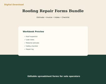 Roofing Estimate Invoice Forms Bundle | Excel Repair Client Intake Checklist | Contractor Templates