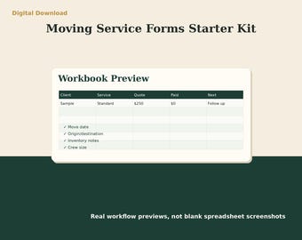 Moving Service Invoice Estimate Forms | Excel Client Intake Checklist | Service Business Starter Kit