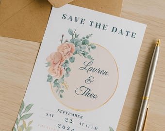 Green & Pink, Wedding Invitation, Save the Date Template