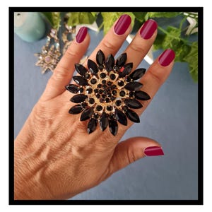 Bague fleur noire géante réglable - Collection "Les bagues d'Emma"