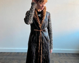 AMAYA ARZUAGA Black Leather Rabbit Fur Patchwork & Wool Knit Sleeves Coat