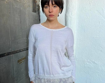 ANN DEMEULEMEESTER White Knit Cotton & Cashmere Pullover Top