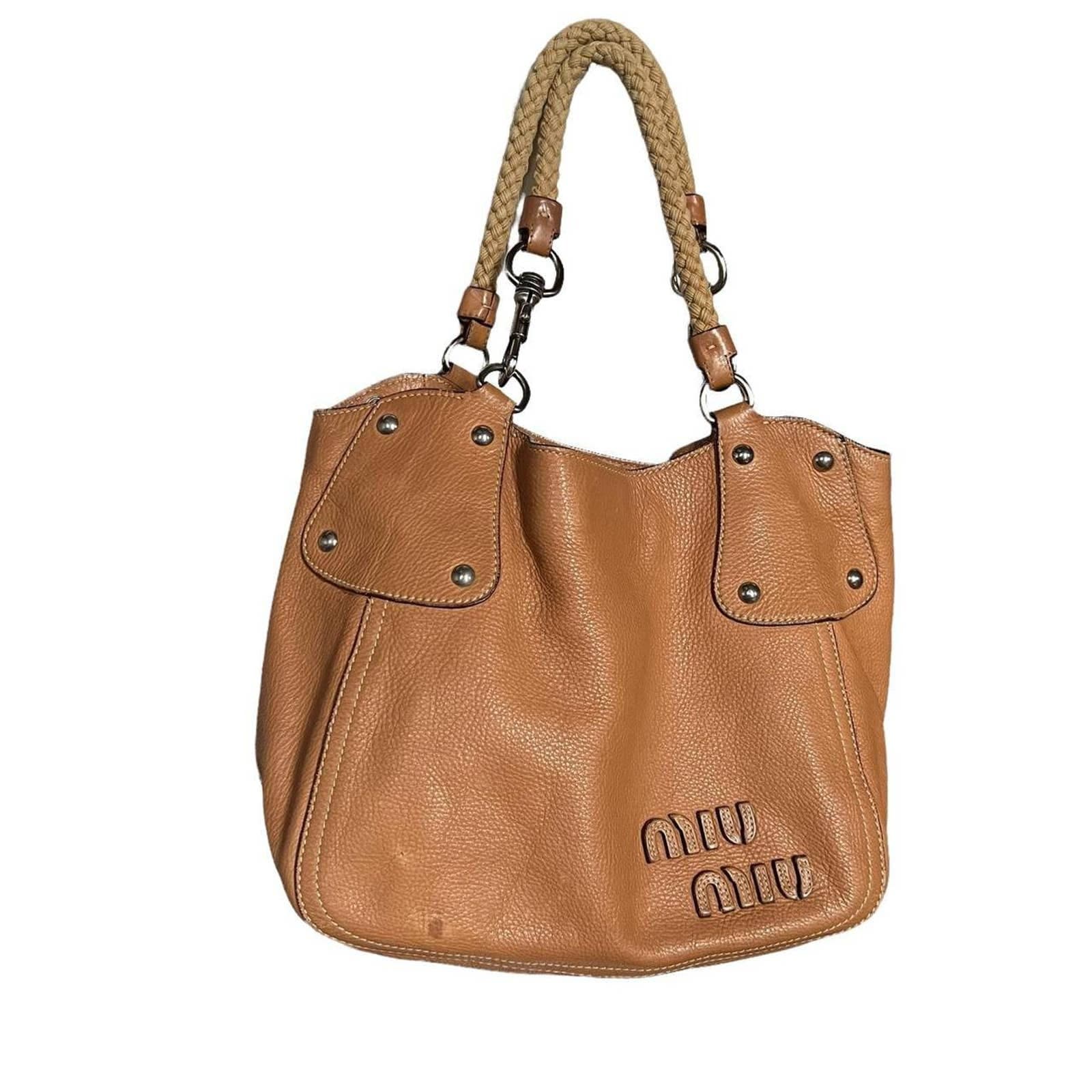 MIU MIU Brown Leather Logo Appliqué Rope Handle Shoulder Bag - Etsy