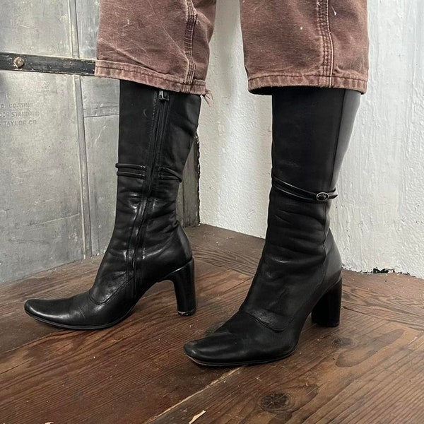 COSTUME NATIONAL Black Leather Heeled Mid Tall Boots W/ Buckled Strap 37.5