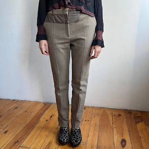CELINE by Phoebe Philo Taupe Khaki Wool & Leather Trim Trousers