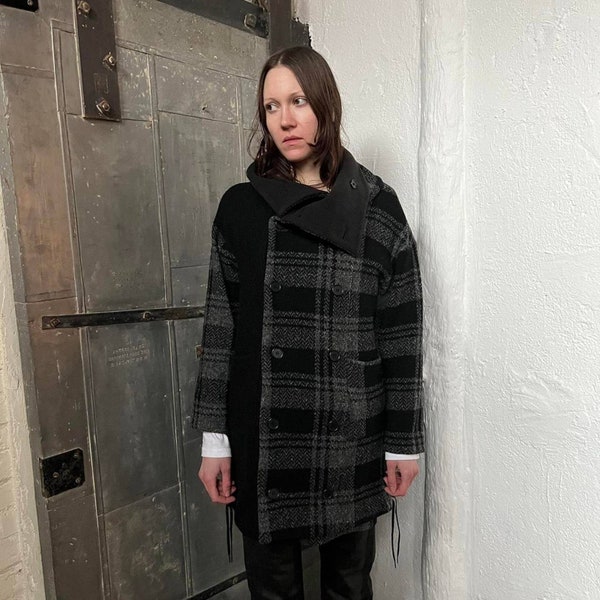 GOMME Grey & Black Check Felted Wool-Blend Coat