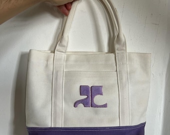 COURREGES Cream White & Purple Canvas Tote Bag W/ Emblem Logo