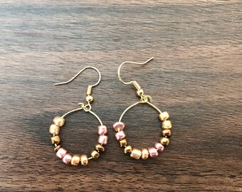 BOHO Style Gold and Pink Beaded Hoops