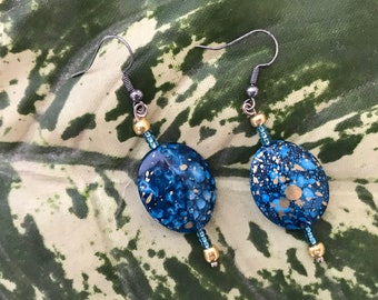 BOHO Style, Blue and Gold Splatter, Beaded Earrings, Handmade, Handcrafted, Gift for her, Unisex gift, Dangle, Hippie Style, Marbled Beads