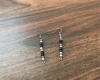 Handmade Black and Gray Beaded Dangly Earrings