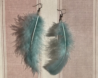 BOHO Style, Light Blue Feather Earrings, Long Length, Western Style, Festival Earrings, Holiday Gifts, Fall Fashion, Boho Wedding