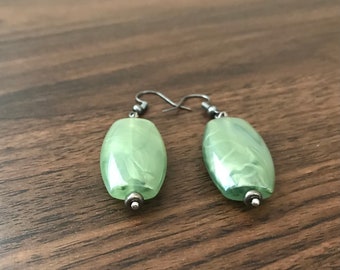 Handmade Green Beaded Dangly Earrings