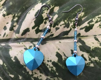 Handmade Blue Heart Beaded Dangly Earrings