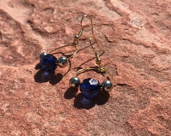 BOHO Style, Navy Blue and Silver Beaded Hoops, gifts for her, Fall Fashion, Bridesmaid Jewelry,Dainty Hoops, Handcrafted Earrings