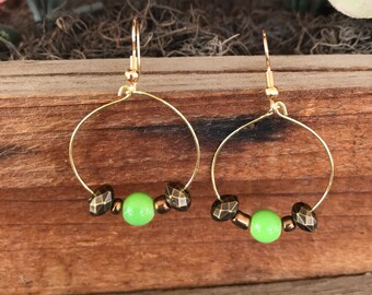 BOHO Style Green and Bronze Beaded Hoops