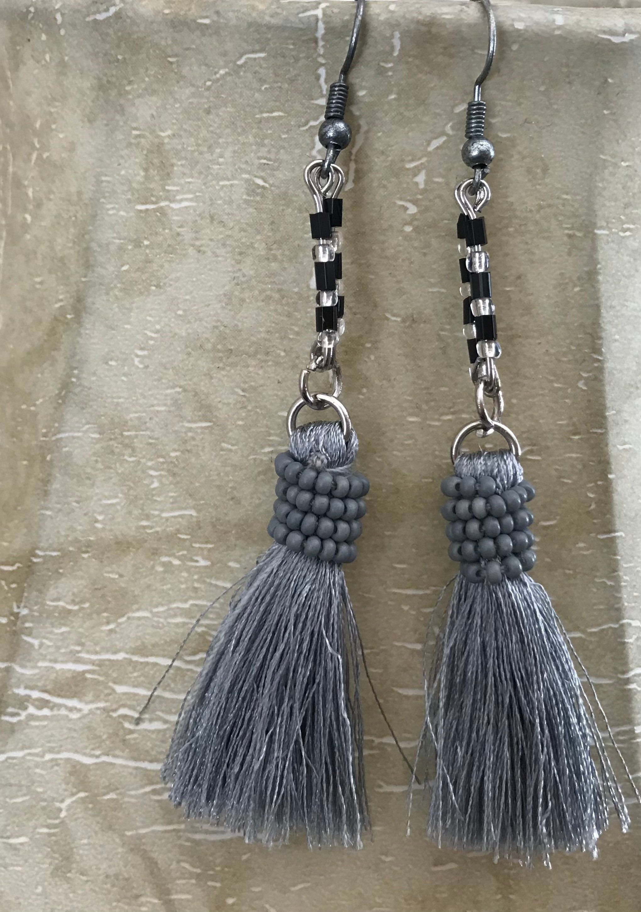 Black and Silver Tassel Earrings Etsy