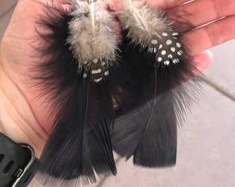 BOHO Style, Black and Brown Spotted Feather Earrings, Long Length, Festival Earrings, Western Style, Holiday Gifts, Fall Fashion Gypsy Style