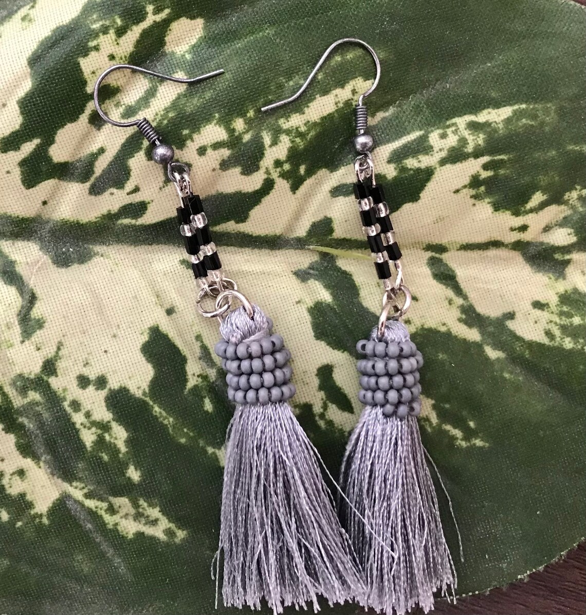 Black and Silver Tassel Earrings Etsy