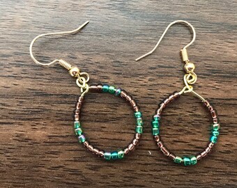 BOHO Style Brown and Green Beaded Hoops