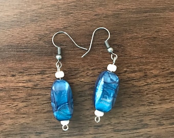Handmade, Marbled Blue and White, Beaded, Gem Earrings, Dangle, Drop Earrings, Statement, Handcrafted, bead, lightweight