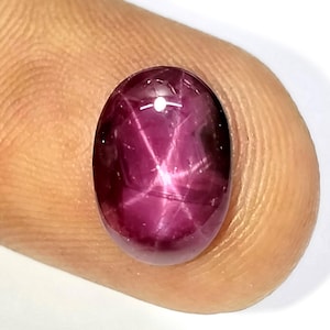 May include: A polished, oval-shaped, deep red gemstone with a six-ray star pattern. The gem is held between two fingers against a white background. The star effect is created by light reflecting off of inclusions within the stone.