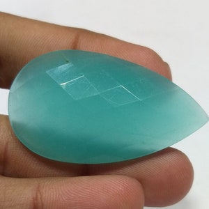 49 Carats. Aqua Chalcedony Faceted Pear. 45x25x7 MM. Aqua Chalce Agate One side Cut Stone Checkar Bord Cut. Reasonable Price Loose Gemstone.