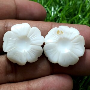 ¡34 quilates! Nácar Blanco Natural Tallado Flor 26X26X5 MM. Enorme hecho a mano. Par de forma de flor. Talla de conchas. Talla de estilo indio.