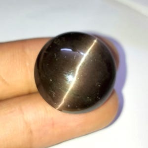 May include: A round, dark brown gemstone with a chatoyant effect, also known as a cat's eye gemstone.